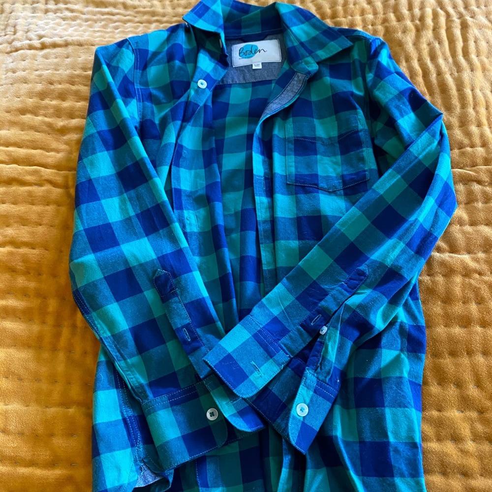 Blue & green long sleeve button down shirt